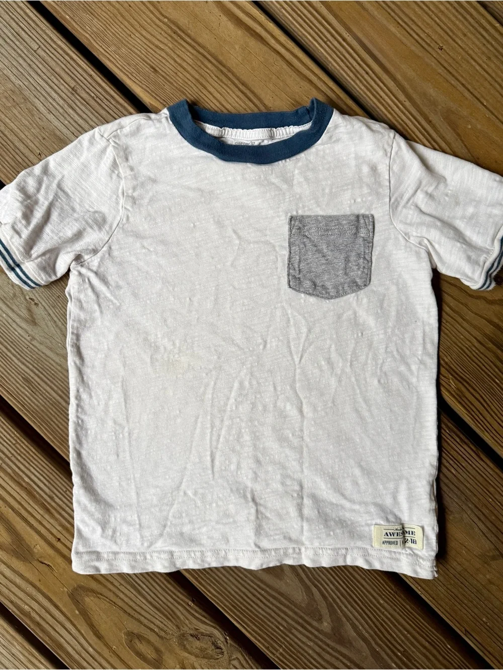 Carters Size 5 Boys Short Sleeve Pocket Tee Shirt White Grey Blue Ring